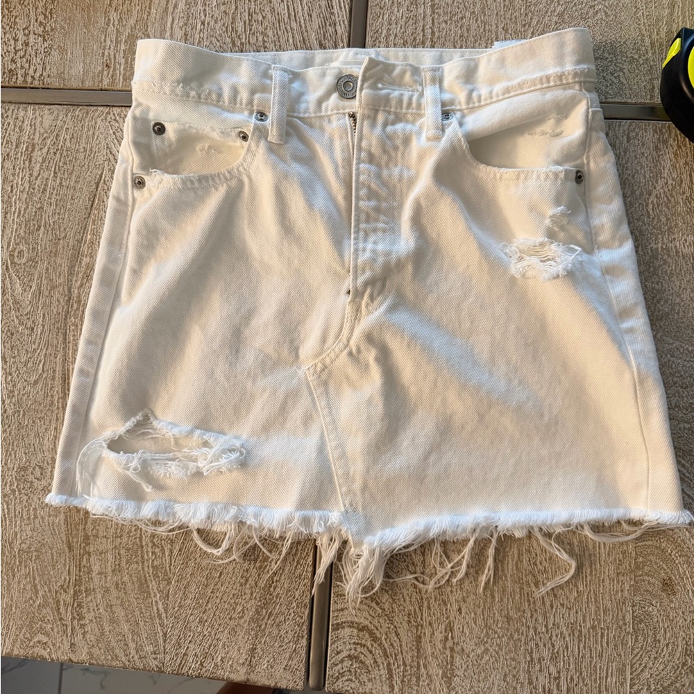 Moussy White Denim Mini Skirt with Distressed Trim